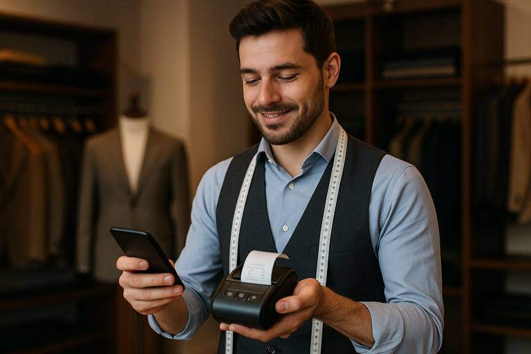 Commerciante che usa ScontrinoPerTutti su smartphone